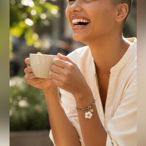 Chanel Zipper Pull Flower Charm CC Logo Upcycled Black Gold Tone Chain Bracelet